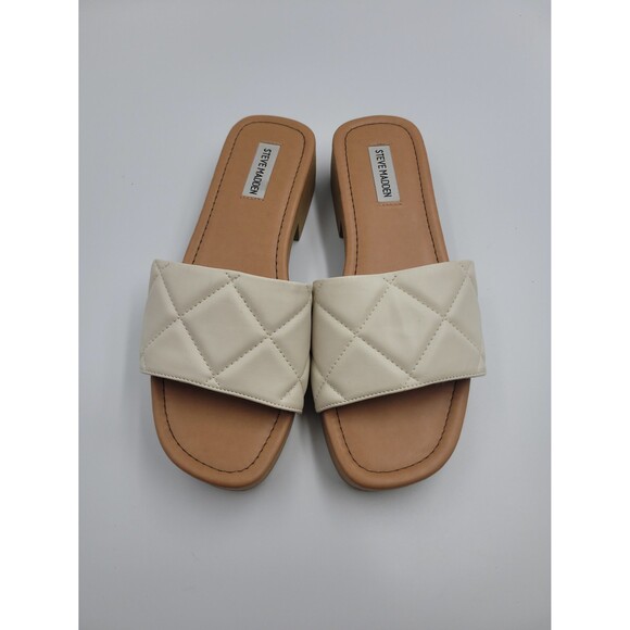 Steve Madden Olad Quilted Faux Wood Slides Sandals Off White Sz 9.5 - Picture 3 of 7